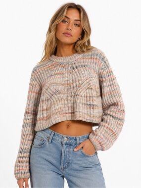 Cropped Multicolor Ribbed Crew Sweater in Pink and Beige
